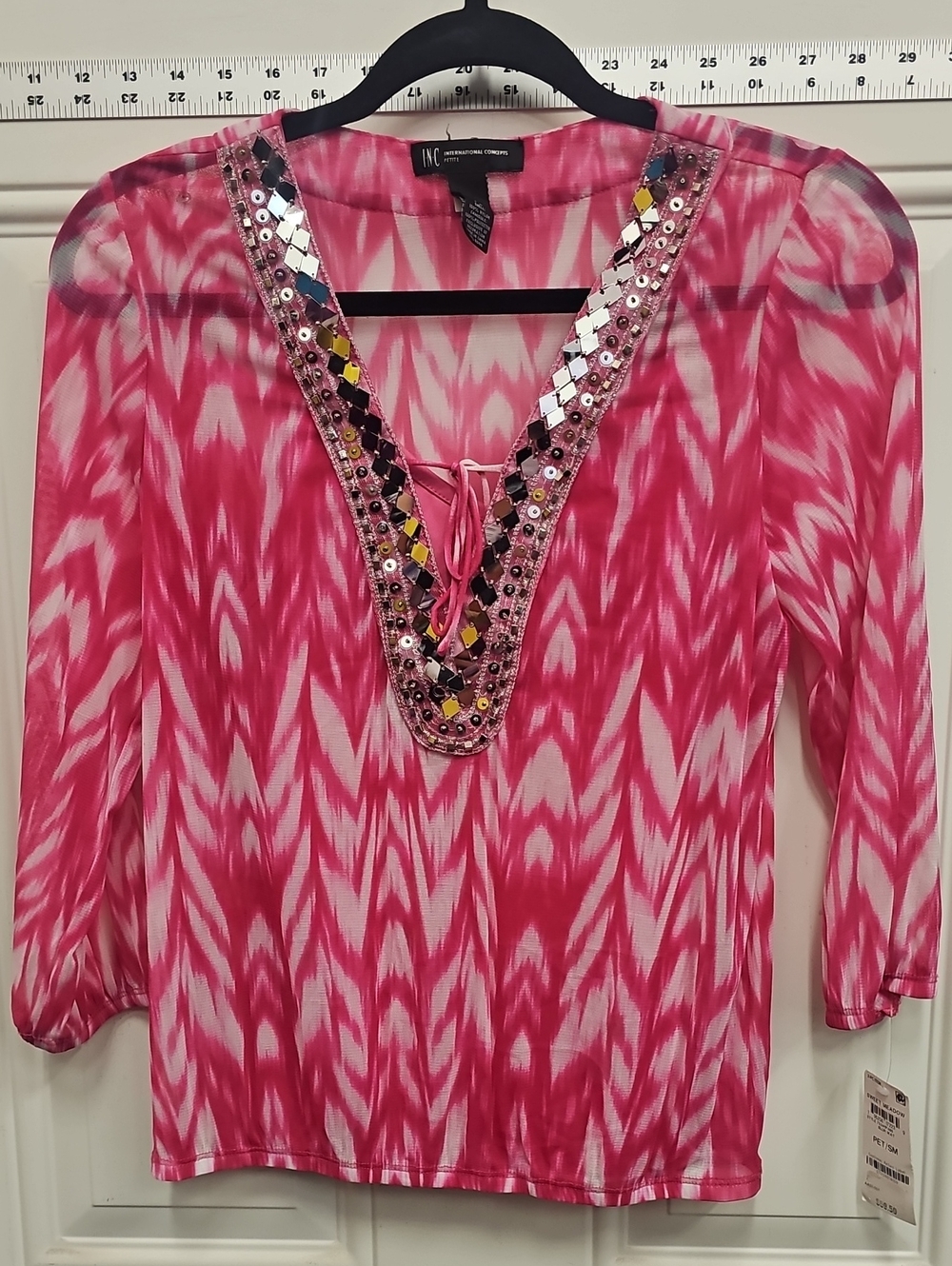 INC International Concepts Pink Ikat Beaded V-Neck Tunic